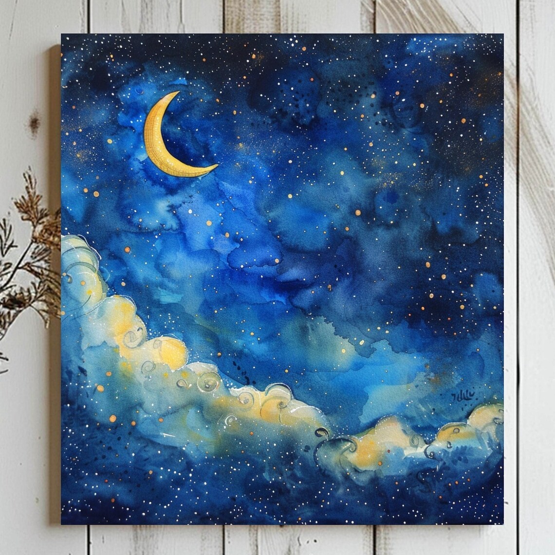 Starry Night Sky With Crescent Moon, Boho Decor