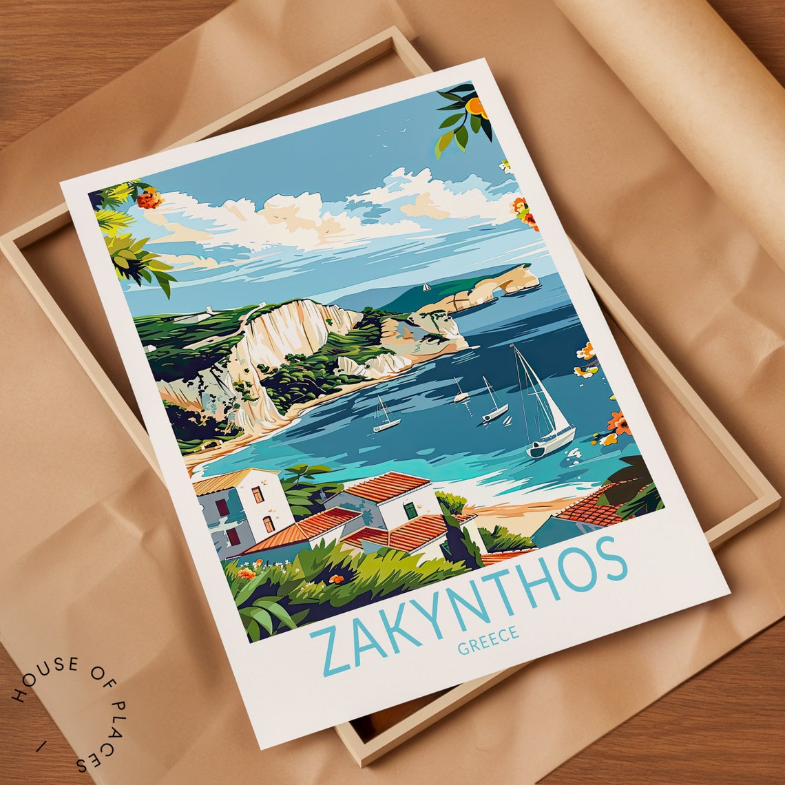 Zakynthos Greece White Cliffs Houses and Sailing Boats Coast Poster - Image 2