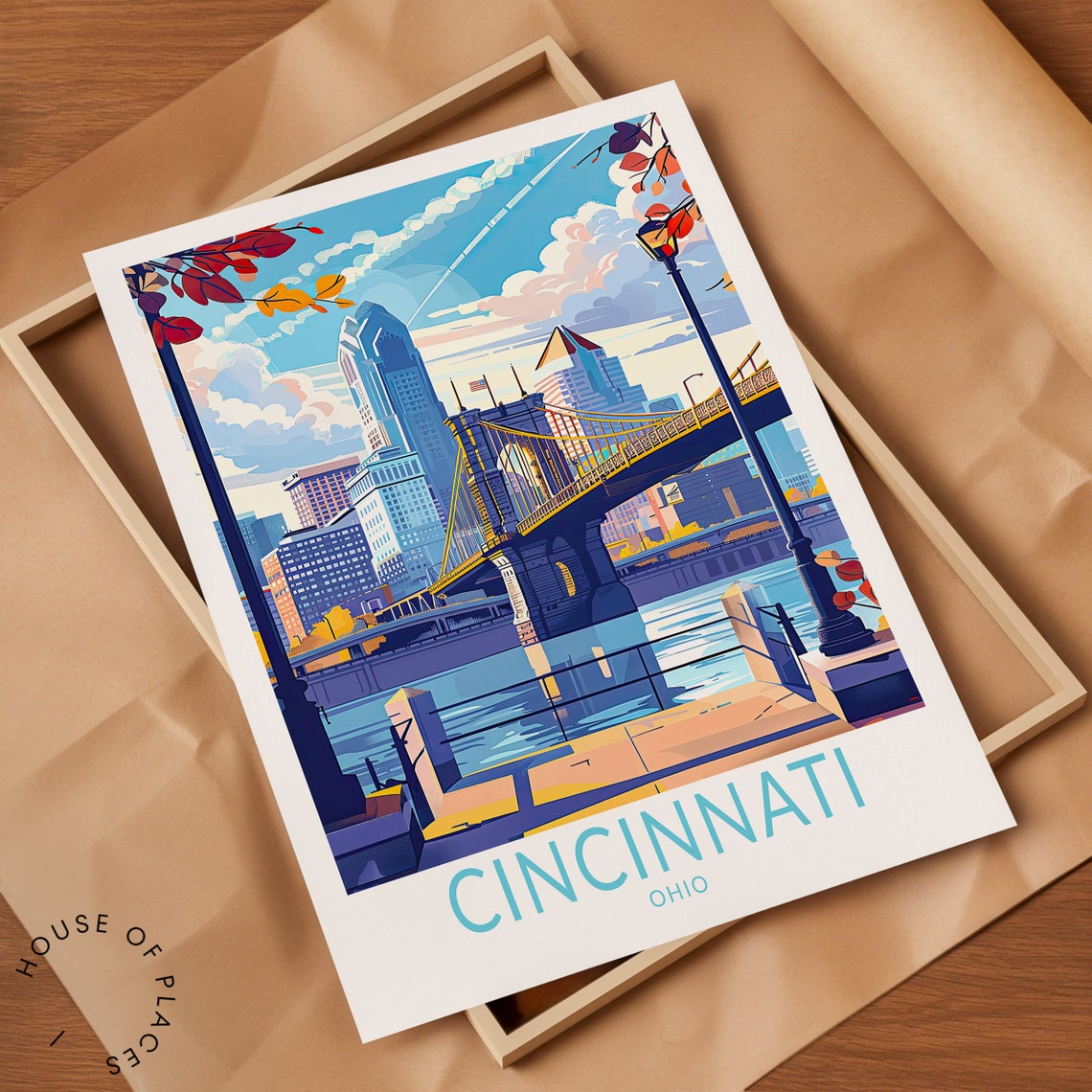 Cincinnati Ohio Roebling Bridge Autumn Retro Travel Art Poster - Image 2