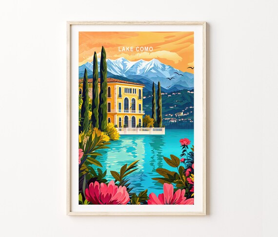 Lake Como Italy Golden Lakeside Villa Cypress Trees Sunset Poster