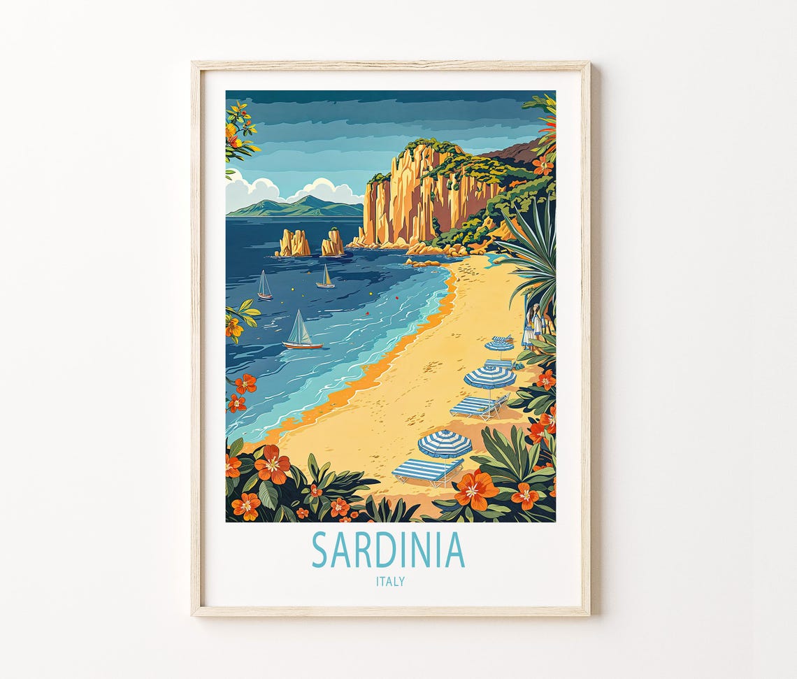 Sardinia Italy Vintage Travel Poster Golden Cliffs Sailing Beach - Image 3