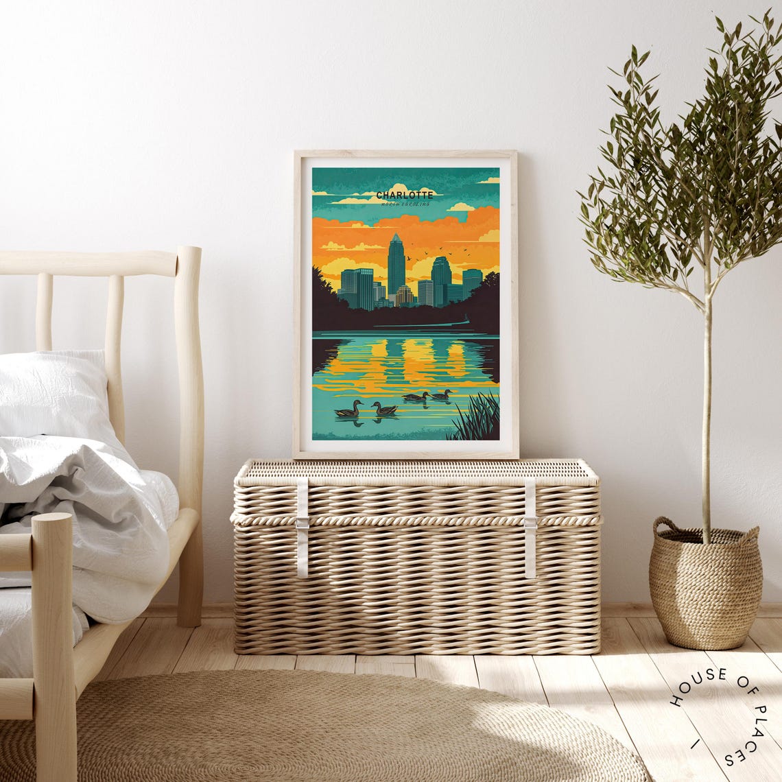 Charlotte North Carolina Downtown Sunset Lake Ducks Art Poster - Image 2