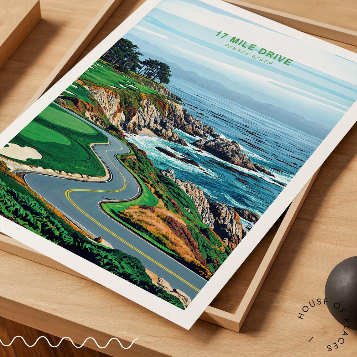 17 Mile Drive Pebble Beach Travel Poster Ocean Road Green Title - Image 3