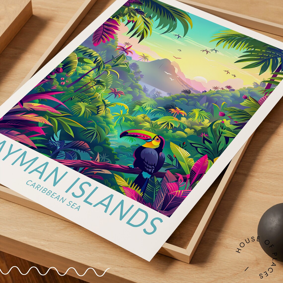 Cayman Islands Tropical Toucan Jungle Sunset Caribbean Sea Travel Poster - Image 3