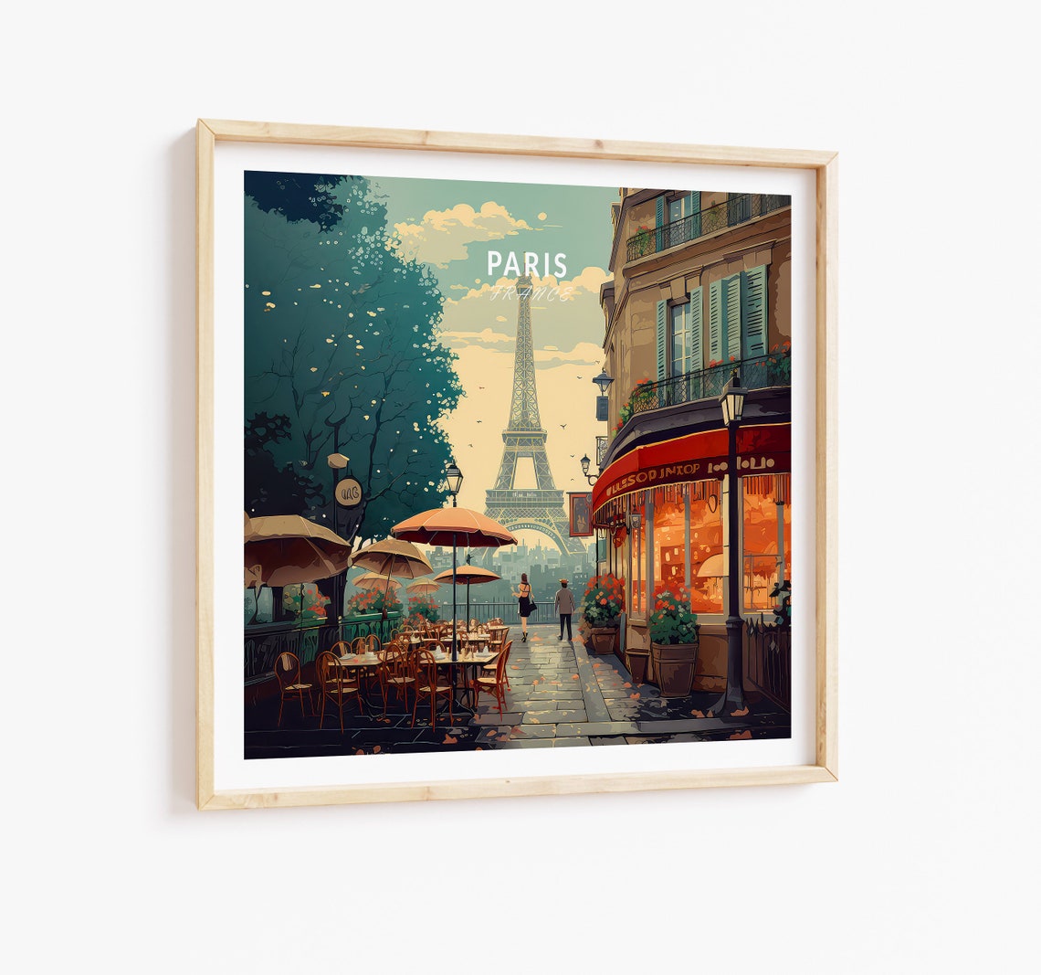 Charming Paris France Eiffel Tower Street Cafe Terrace Travel Poster