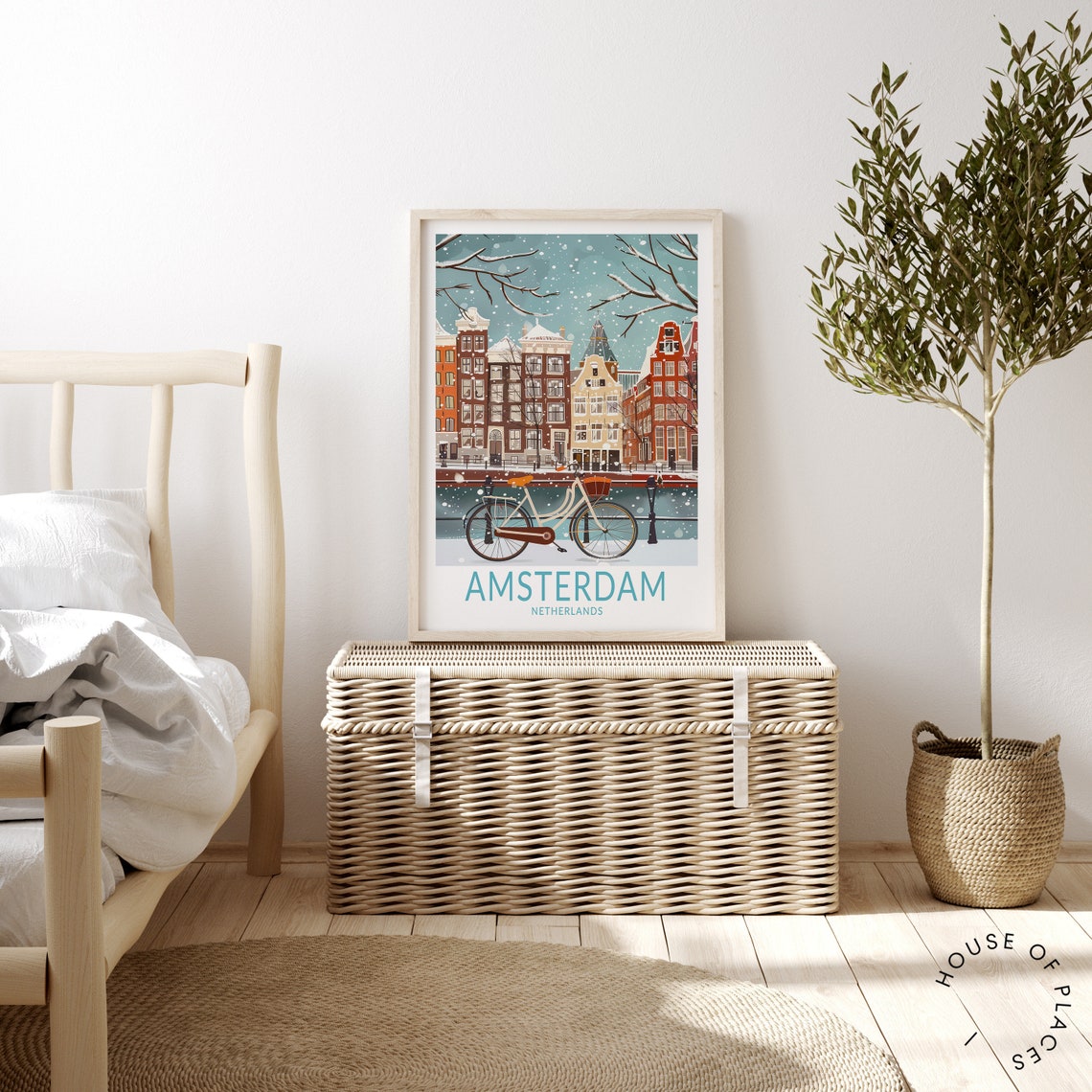 Amsterdam Winter Canal Snow Scene with Dutch Bicycle Travel Poster - Image 3