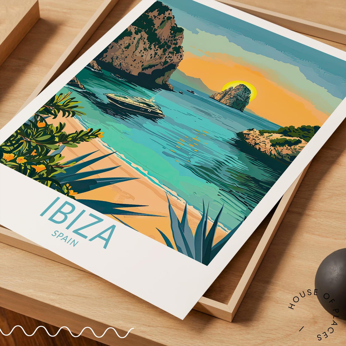Ibiza Spain Golden Sunset Over a Turquoise Bay With a Yacht Poster - Image 3