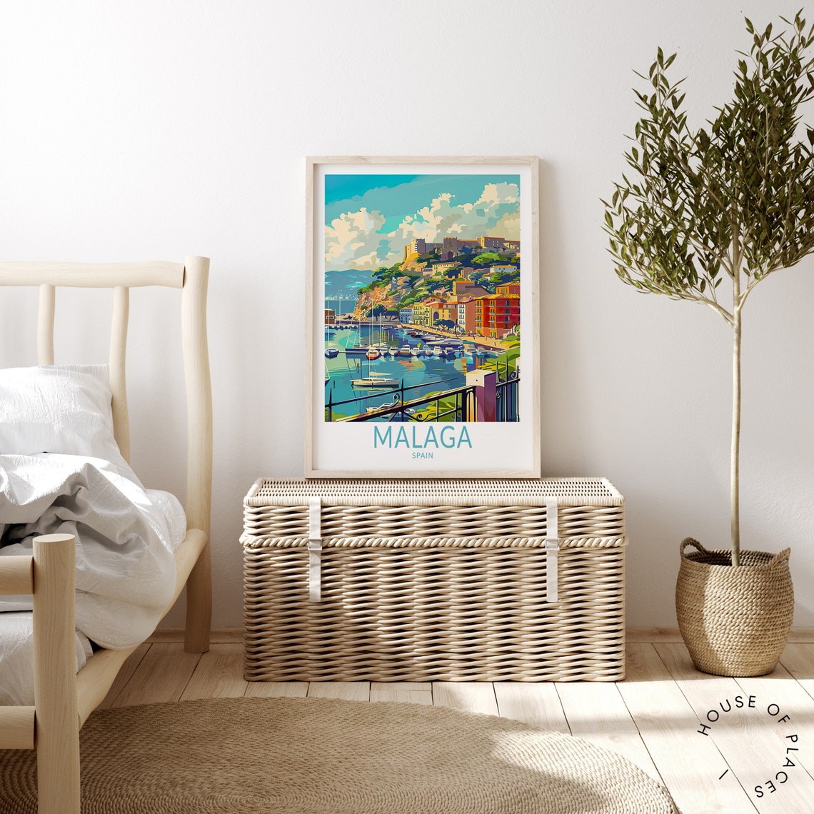 Malaga Spain Historic Harbor Colorful Castle Coastal Travel Poster - Image 3