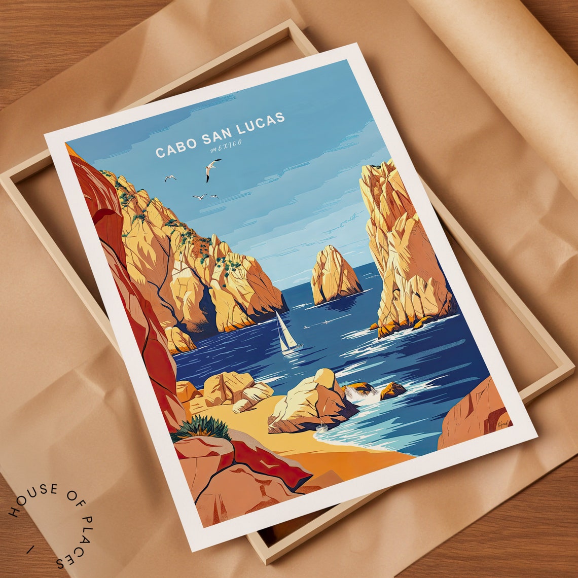 Cabo San Lucas Mexico El Arco Golden Cliffs Sailboat Travel Poster - Image 2
