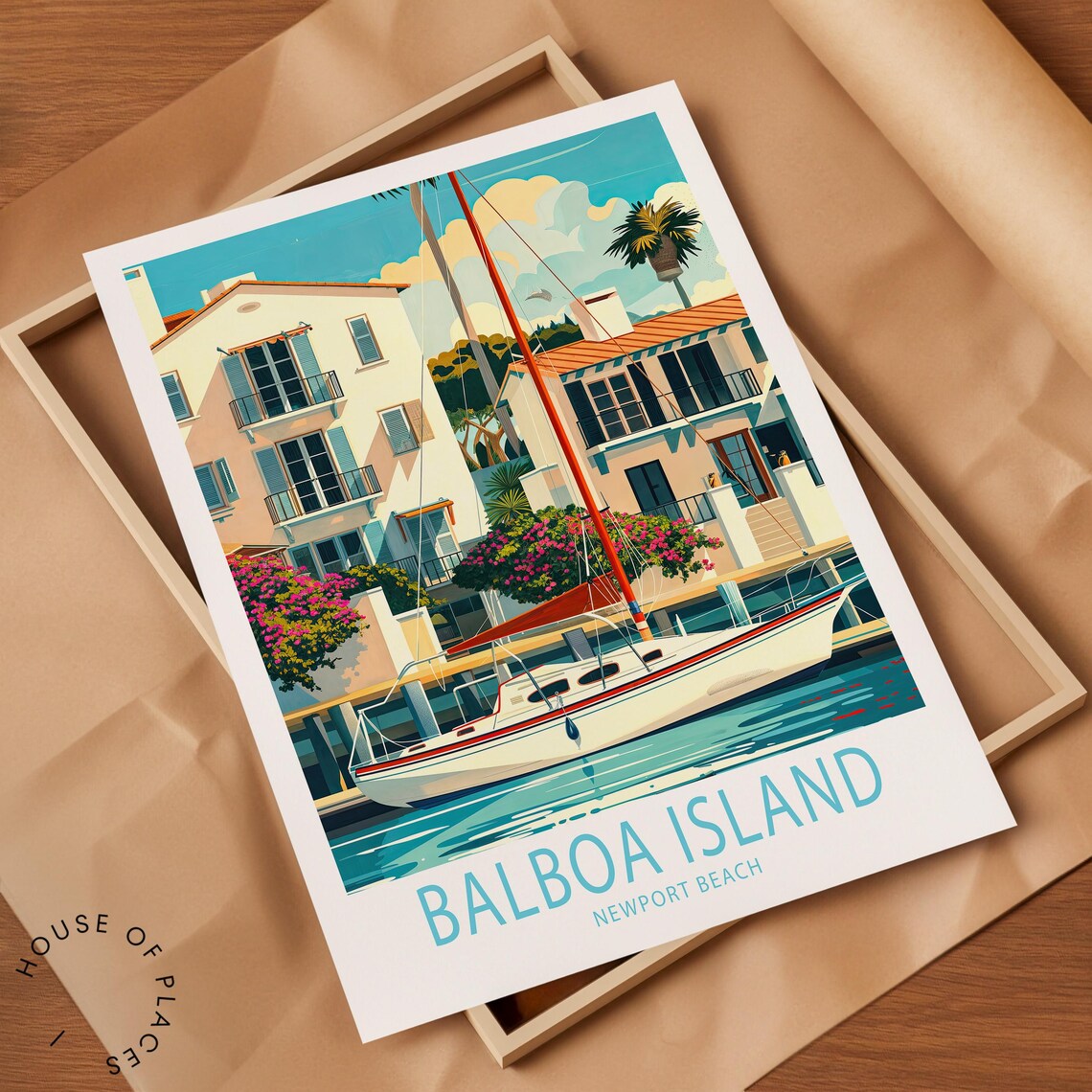 Balboa Island Newport Beach Sailboat Waterfront Homes Travel Poster - Image 2