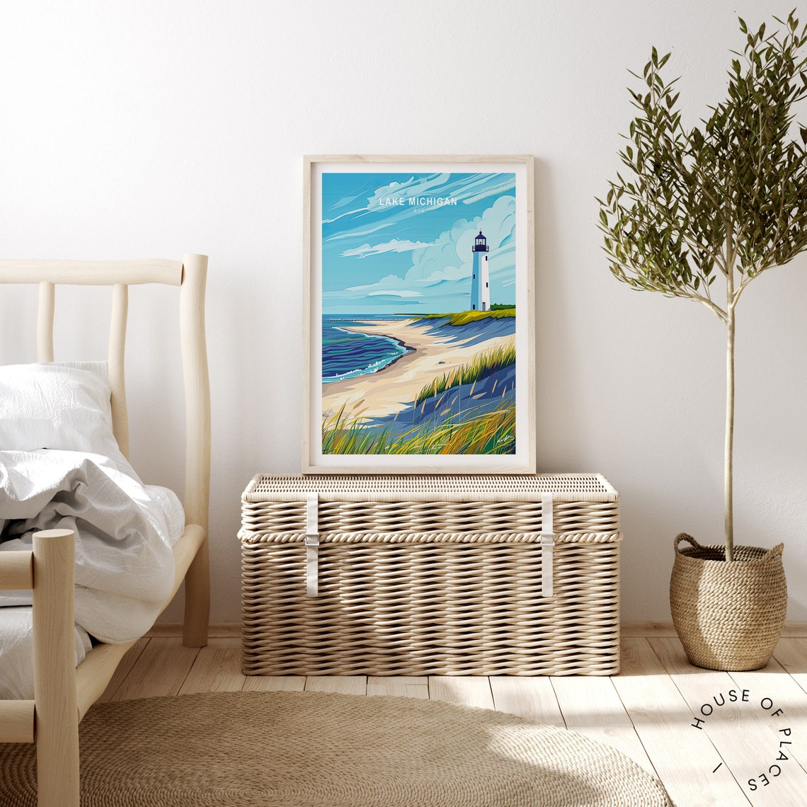 Lake Michigan Lighthouse Sandy Beach Dunes Grass Scenic Travel Poster - Image 4