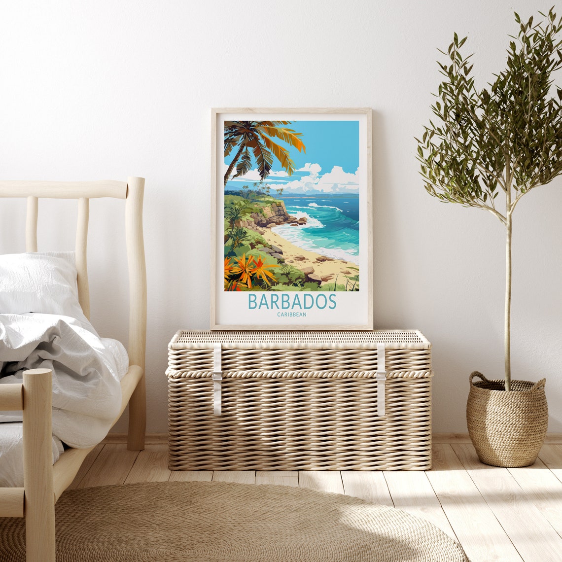 Barbados Caribbean Beach Travel Poster Palm Trees Ocean Waves Artwork - Image 3