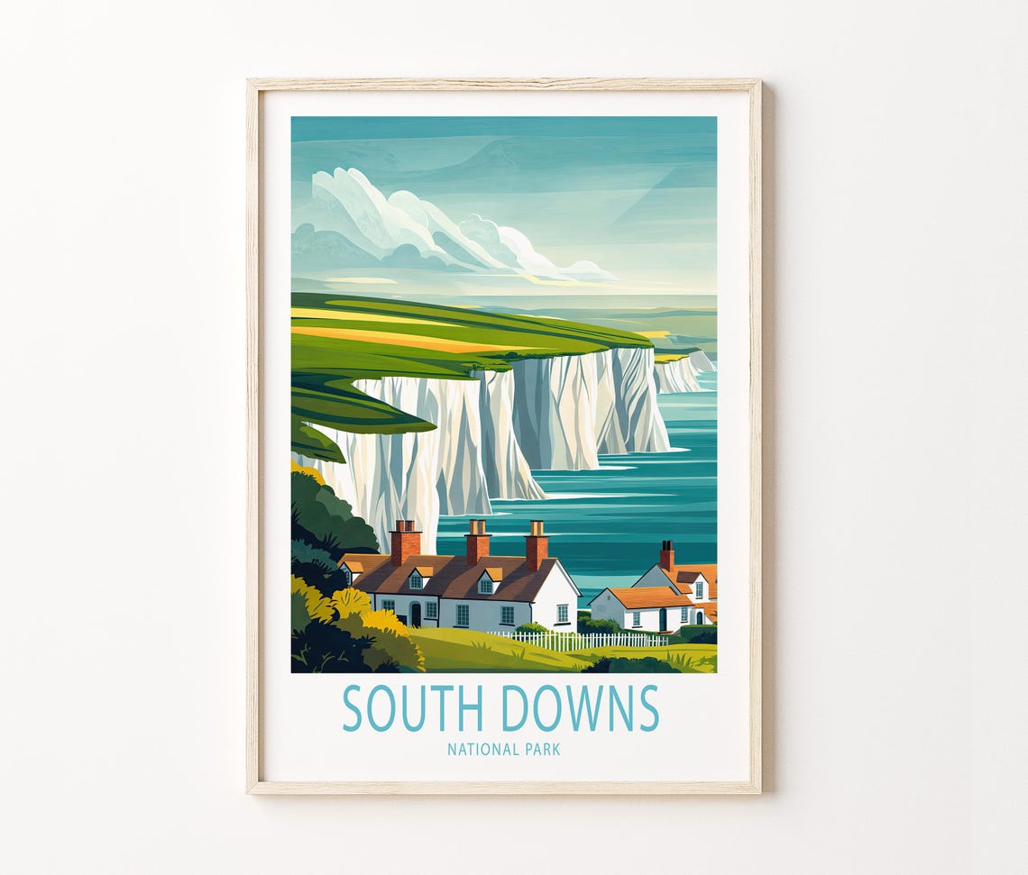 South Downs National Park Chalk Cliffs and Coastal Cottages Poster - Image 3