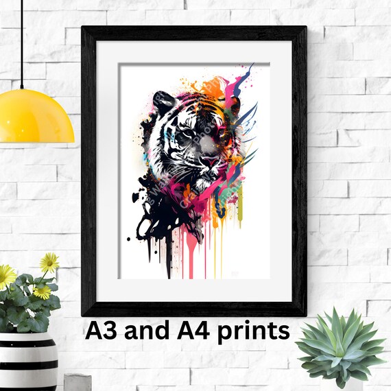 Tiger Portrait With Colorful Paint Drips Wild Animal Art Poster