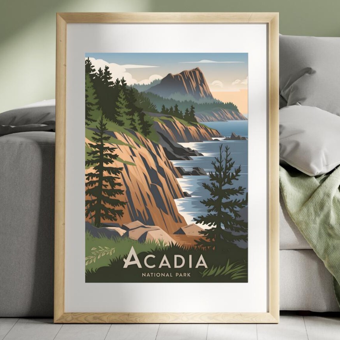 Acadia National Park Pine Cliffs Ocean View Vintage Travel Poster