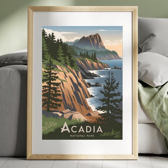 Acadia National Park Pine Cliffs Ocean View Vintage Travel Poster