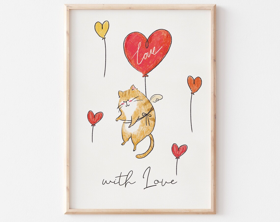 Cute Orange Cat Love Heart Balloons With Love Valentines Wall Art