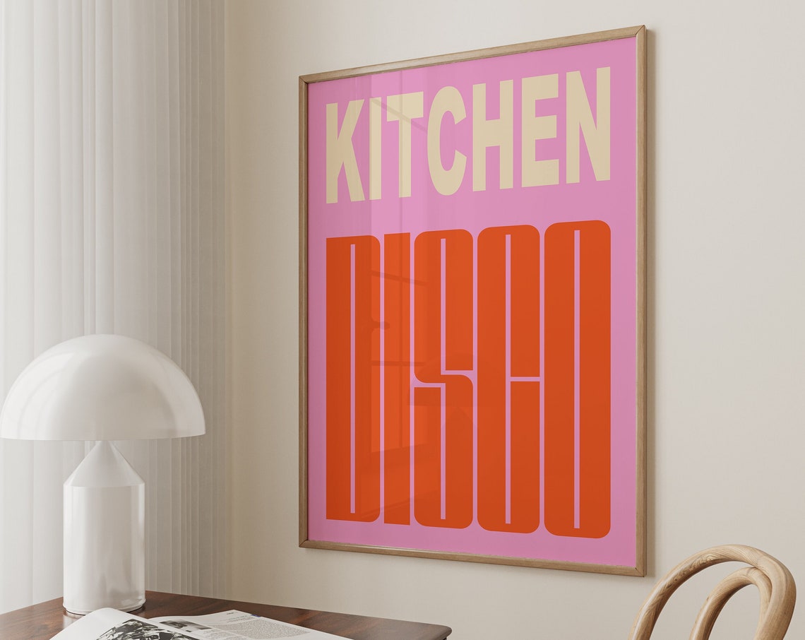 Kitchen Disco Retro Bold Typography Poster Pink Orange Decor