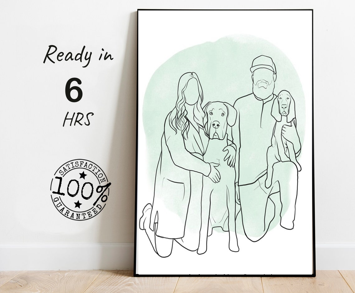 Custom Faceless Family Line Art Portrait With Two Dogs Poster