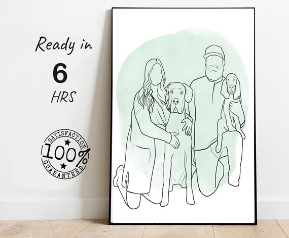 Custom Faceless Family Line Art Portrait With Two Dogs Poster