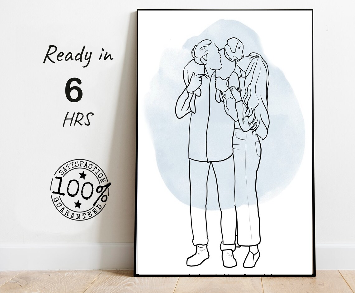 Custom Line Drawing Couple With Dog on Blue Background Poster