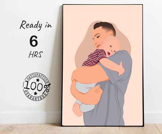 Father Hugging Baby Over Shoulder Colored Portrait Illustration Poster