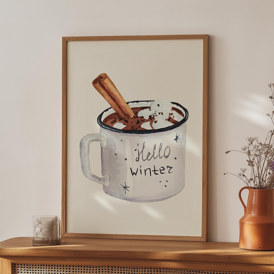 Hello Winter Hot Cocoa Mug Watercolor Cozy Christmas Wall Poster - Image 2