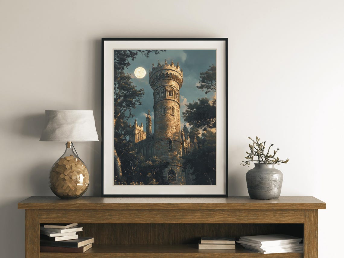 Moonlit Castle Tower Rising Above Dark Forest Trees Fantasy Poster - Image 2