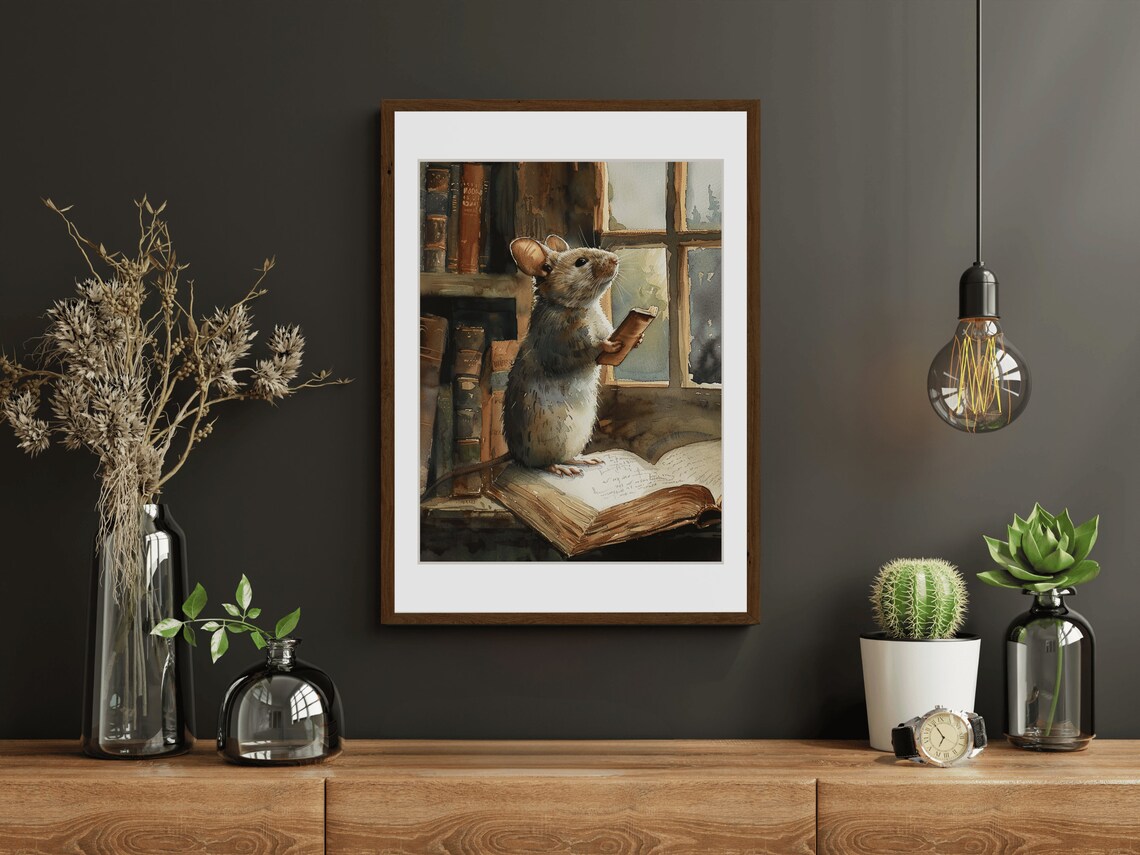 Cute Mouse Reading Book Library Window Watercolor Animal Painting Poster - Image 3