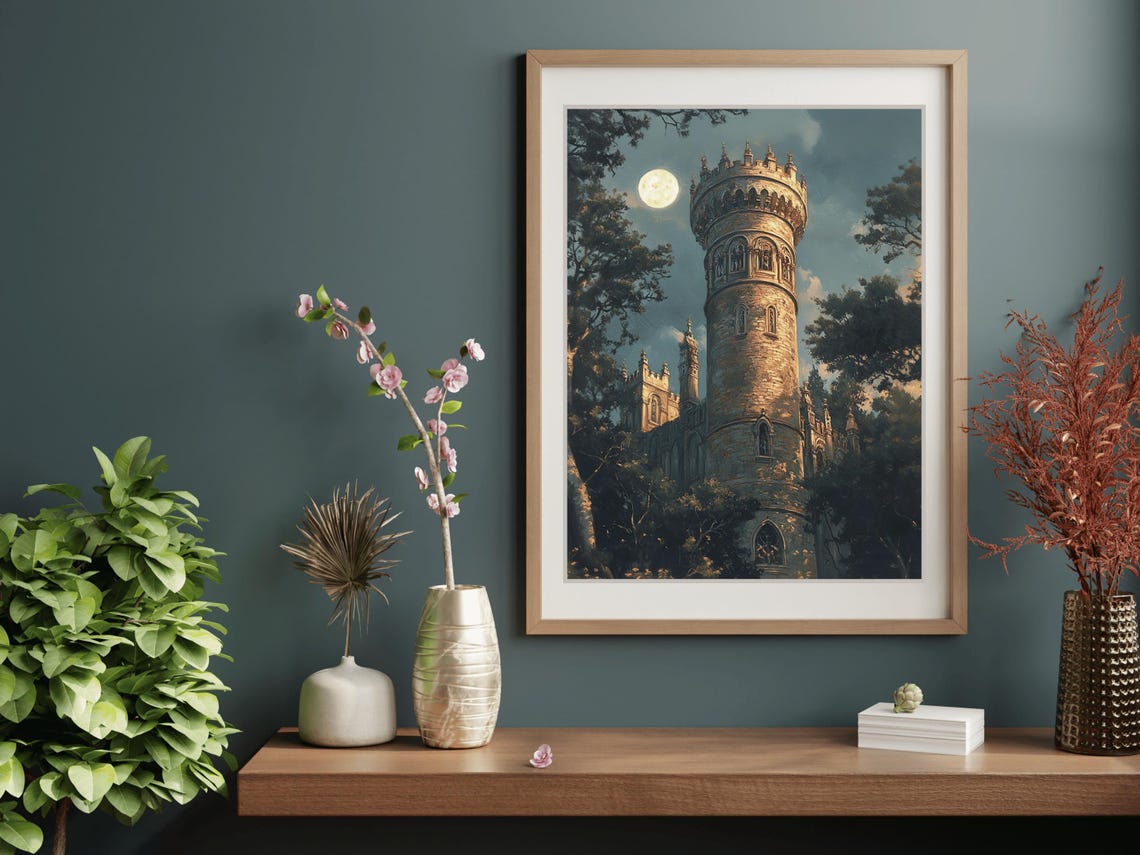 Moonlit Castle Tower Rising Above Dark Forest Trees Fantasy Poster - Image 5