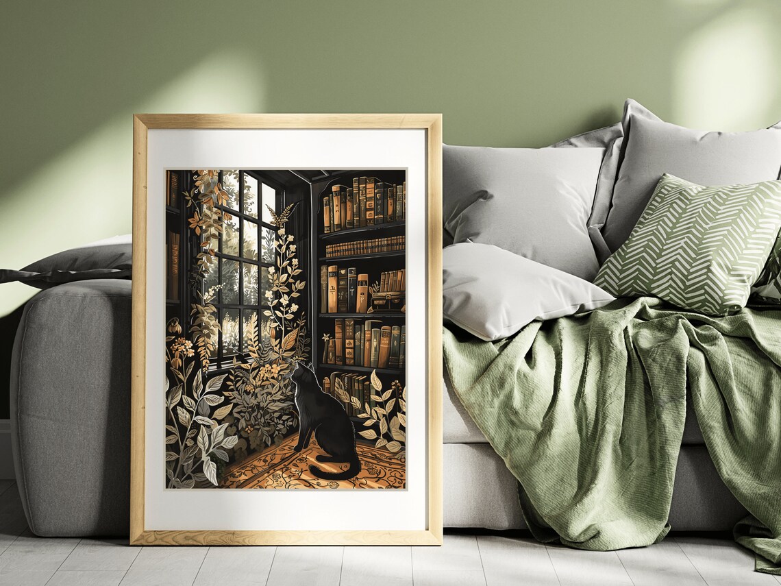 Black Cat Botanical Library Plants Window Dark Academia Cat Painting Poster - Image 4