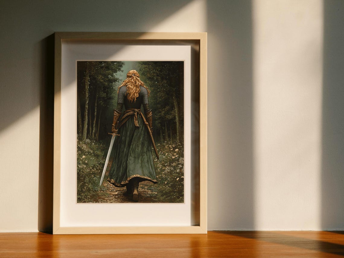 Lady Knight With Sword Walking Down A Woodland Path At Dusk Poster - Image 6