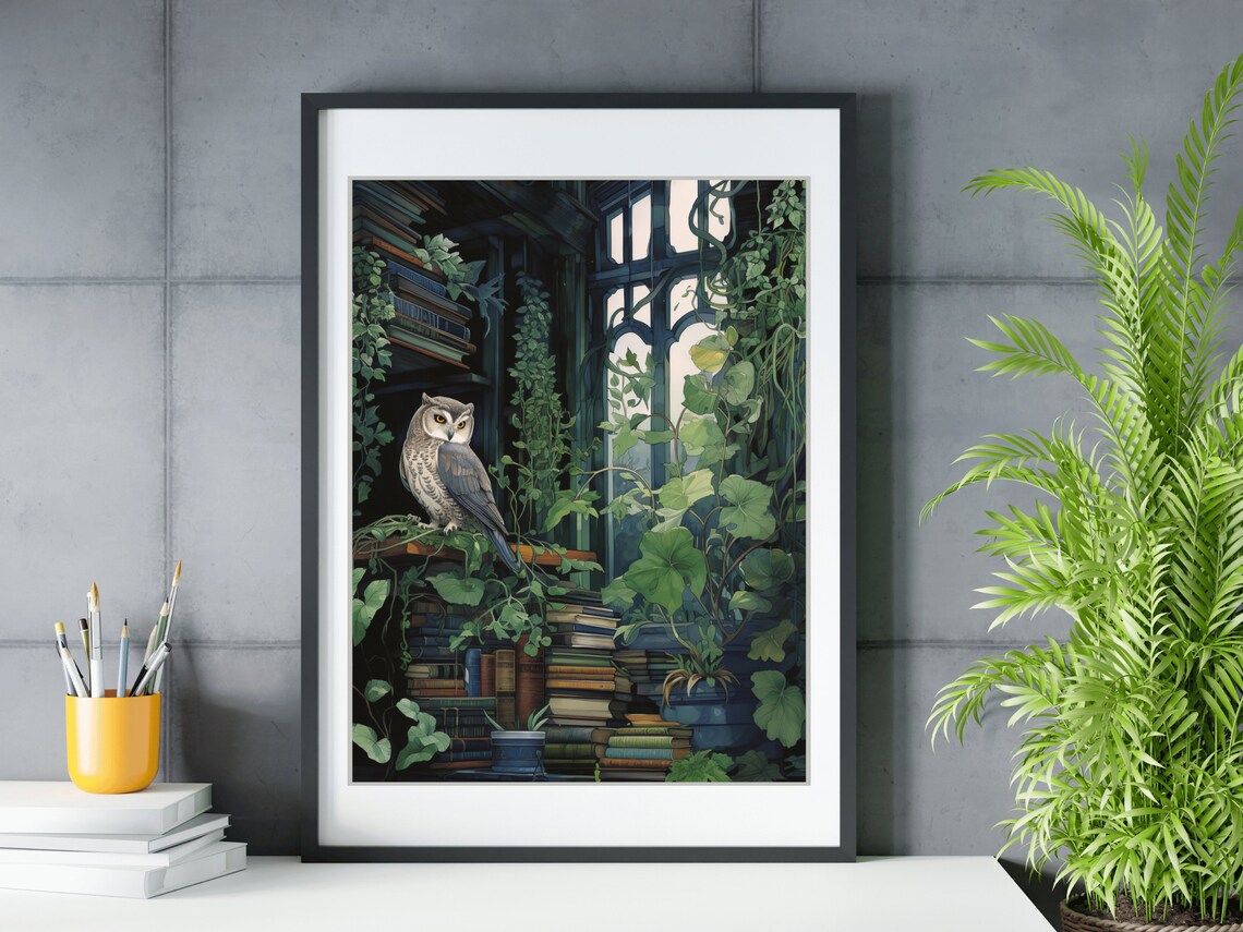 Owl Green Library Overgrown Books Vines Gothic Conservatory Painting Poster - Image 2