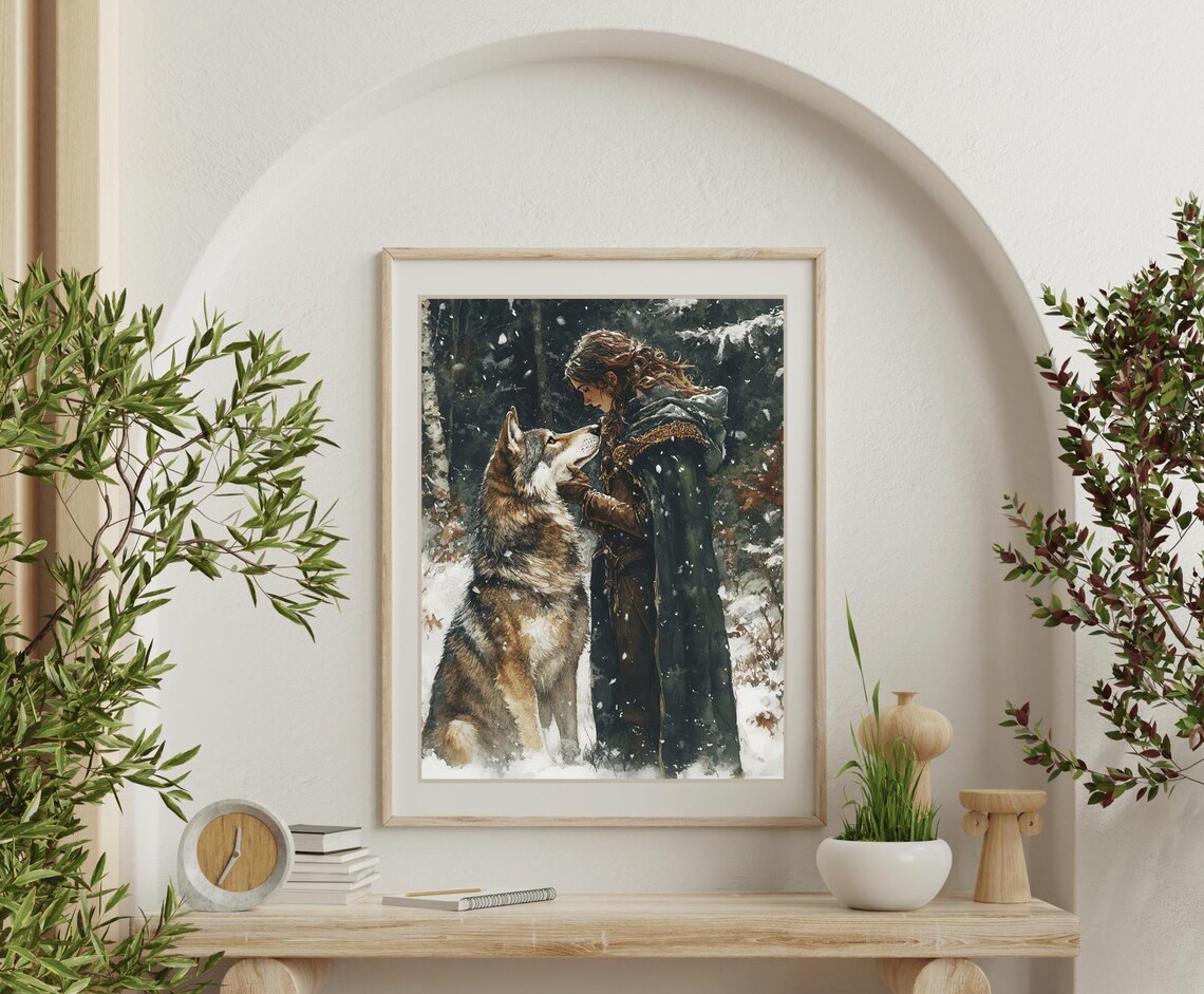 Lady Warrior And Wolf In Snowy Forest Dark Fantasy Watercolor Wall Art - Image 2