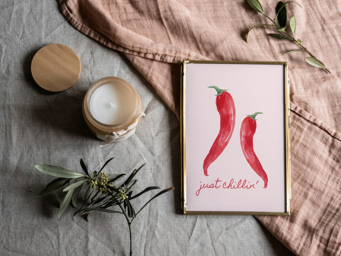 Just Chillin Watercolor Red Chili Peppers Pun Kitchen Humor Wall Art - Image 3