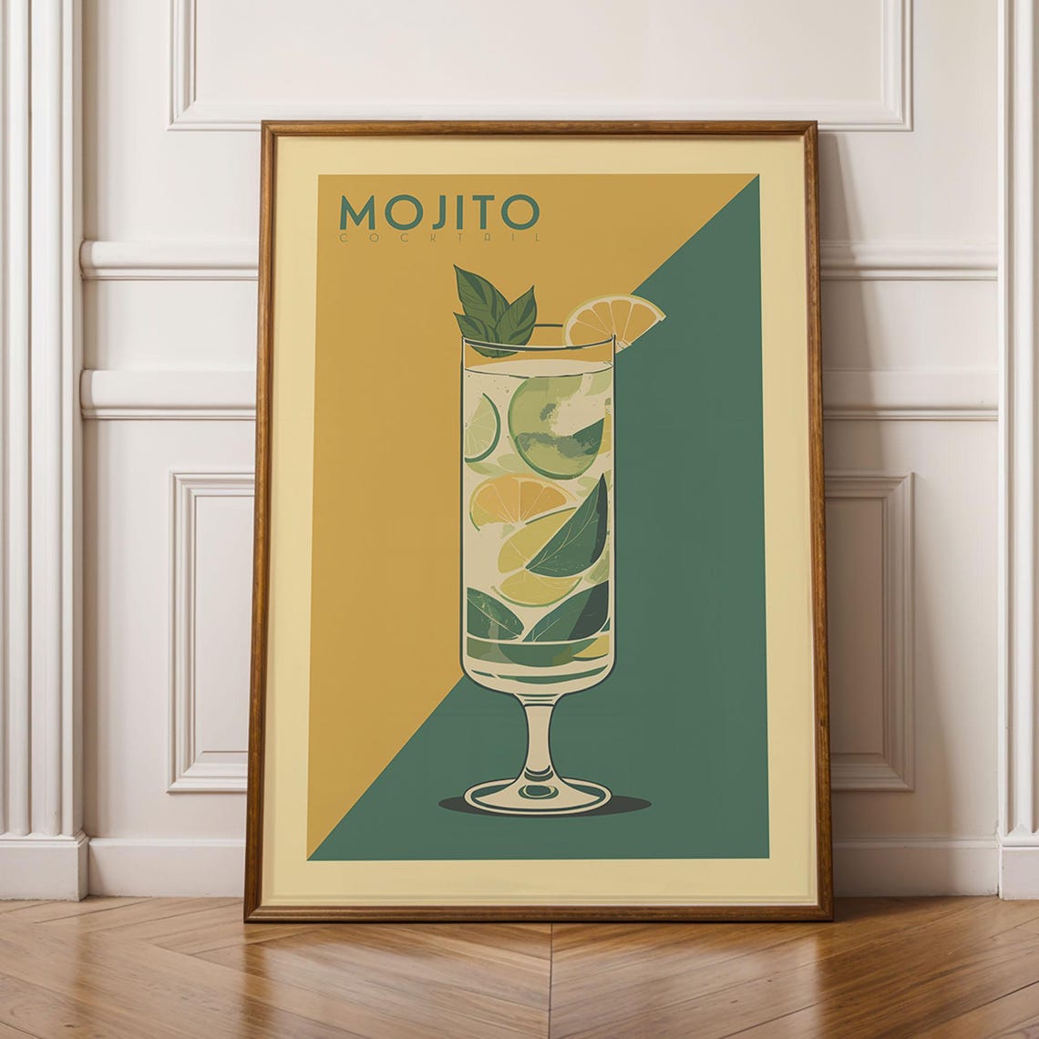 Mojito Cocktail Tall Glass Mint Lime Retro Illustration Bar Print