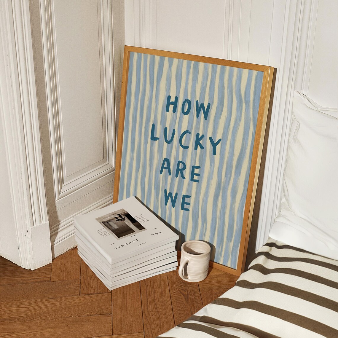 How Lucky Are We Blue Stripe Quote Art Print - Image 2