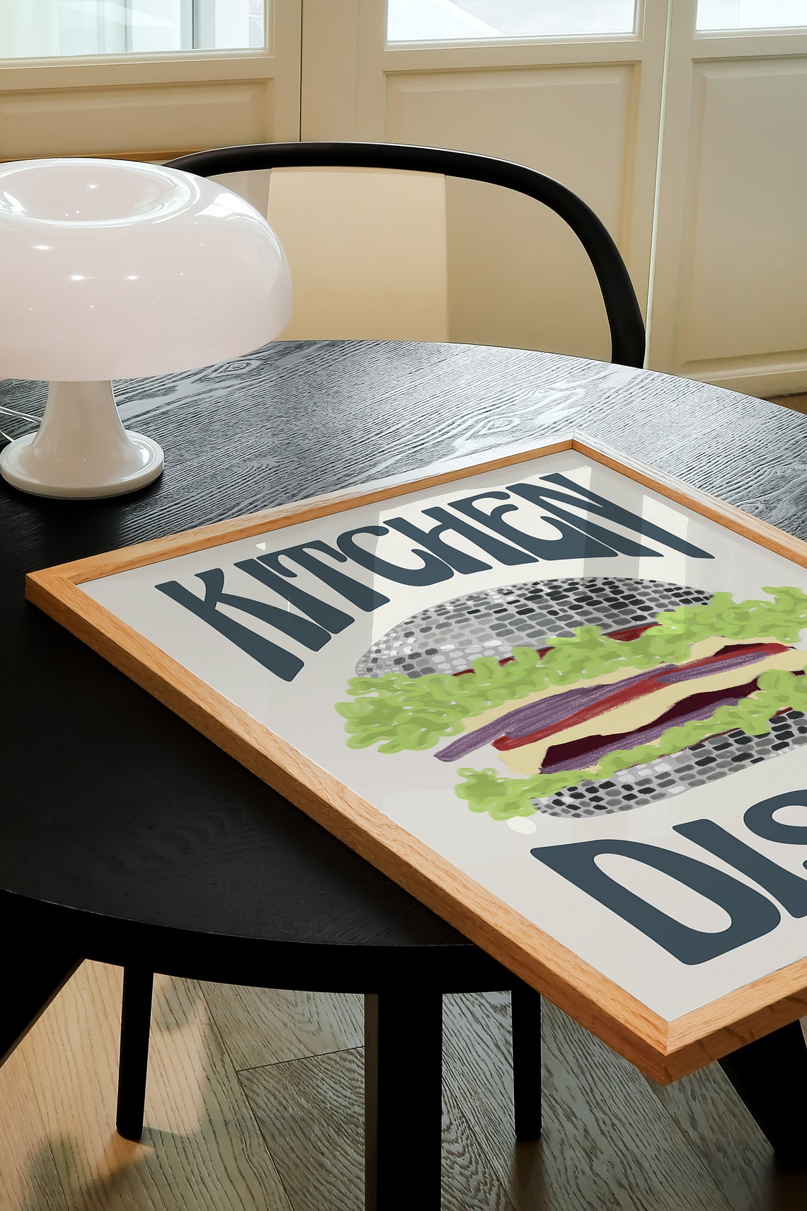 Kitchen Disco Poster Retro Burger Illustration Disco Ball Food Art - Image 2