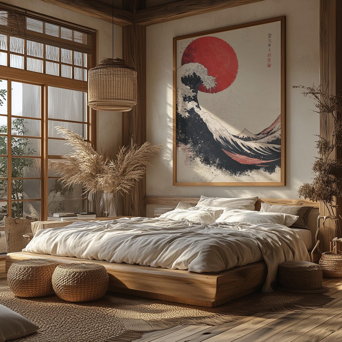 Great Wave Style Japanese Ink Art With Red Sun Japandi Wall Art - Image 2