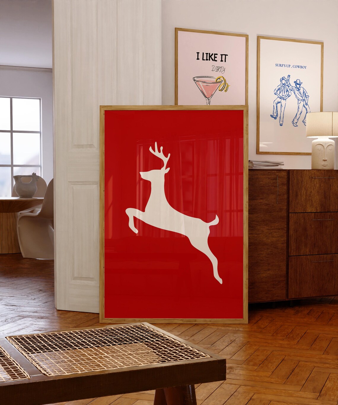 White Reindeer Silhouette on Red Modern Minimalist Christmas Poster - Image 2