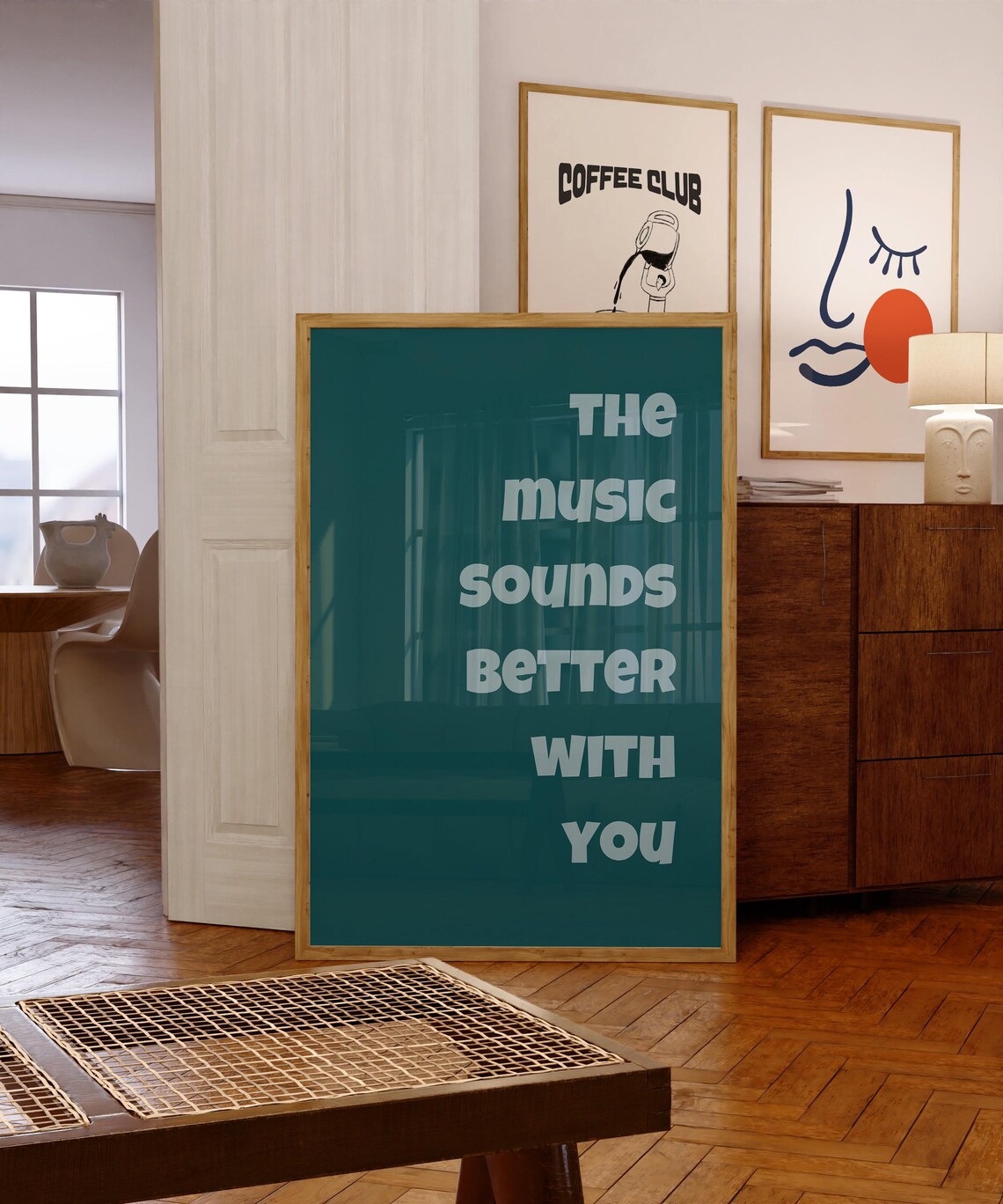 The Music Sounds Better With You Retro Typography Teal Quote Poster