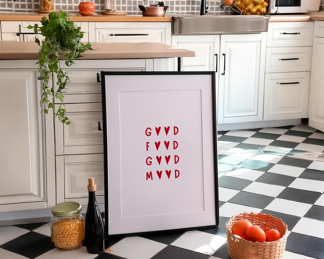Good Food Good Mood Red Heart Letters Sweet Kitchen Quote Poster