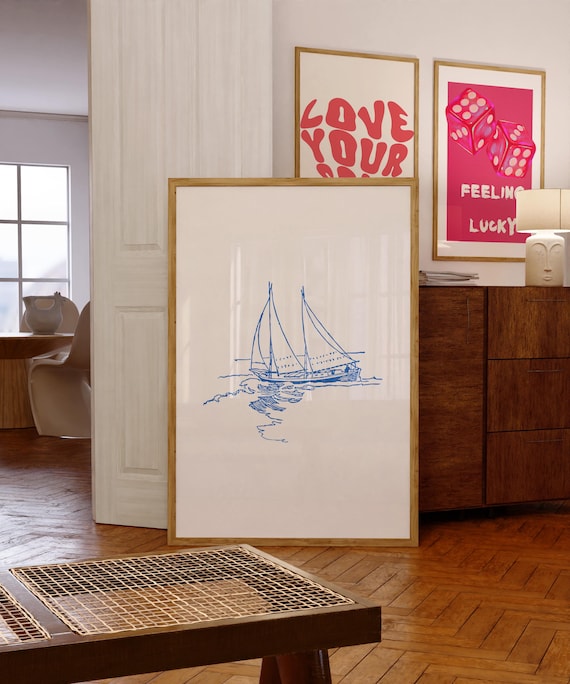 Blue Line Art Sailboat Coastal Nautical Sketch Minimalist Poster