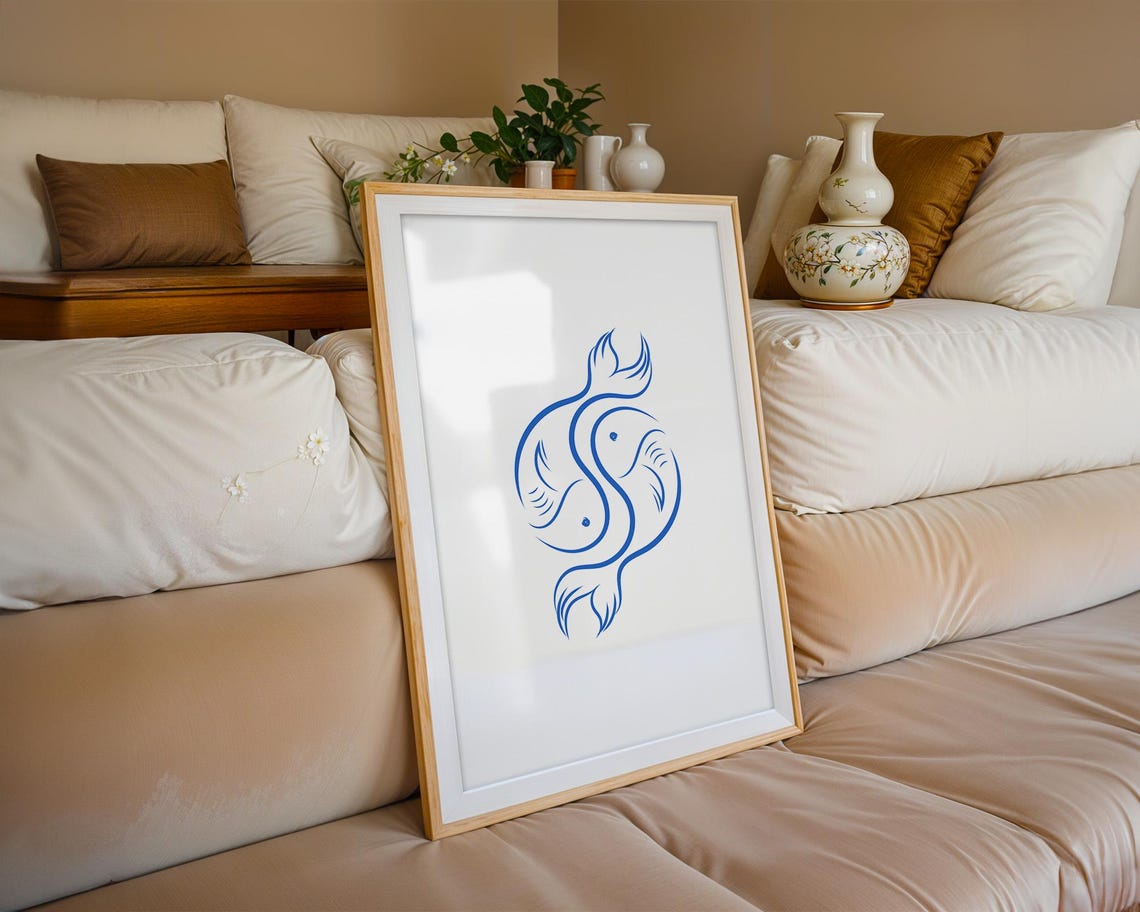 Yin Yang Koi Fish Pair in Blue Line Art Balance Harmony Poster - Image 3