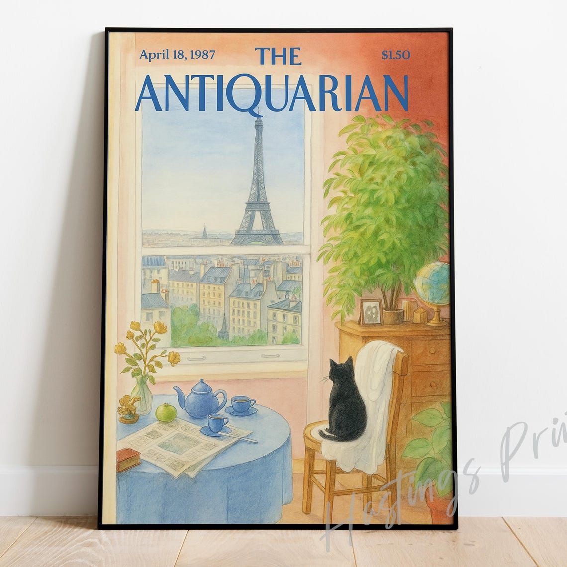 The Antiquarian 1987 Paris Window Eiffel Tower Cat Magazine Cover Poster