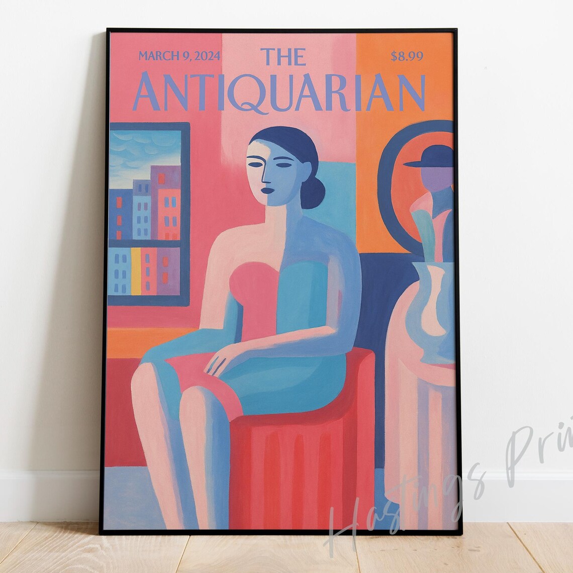 The Antiquarian Seated Woman Art Deco City Window Magazine Cover Poster