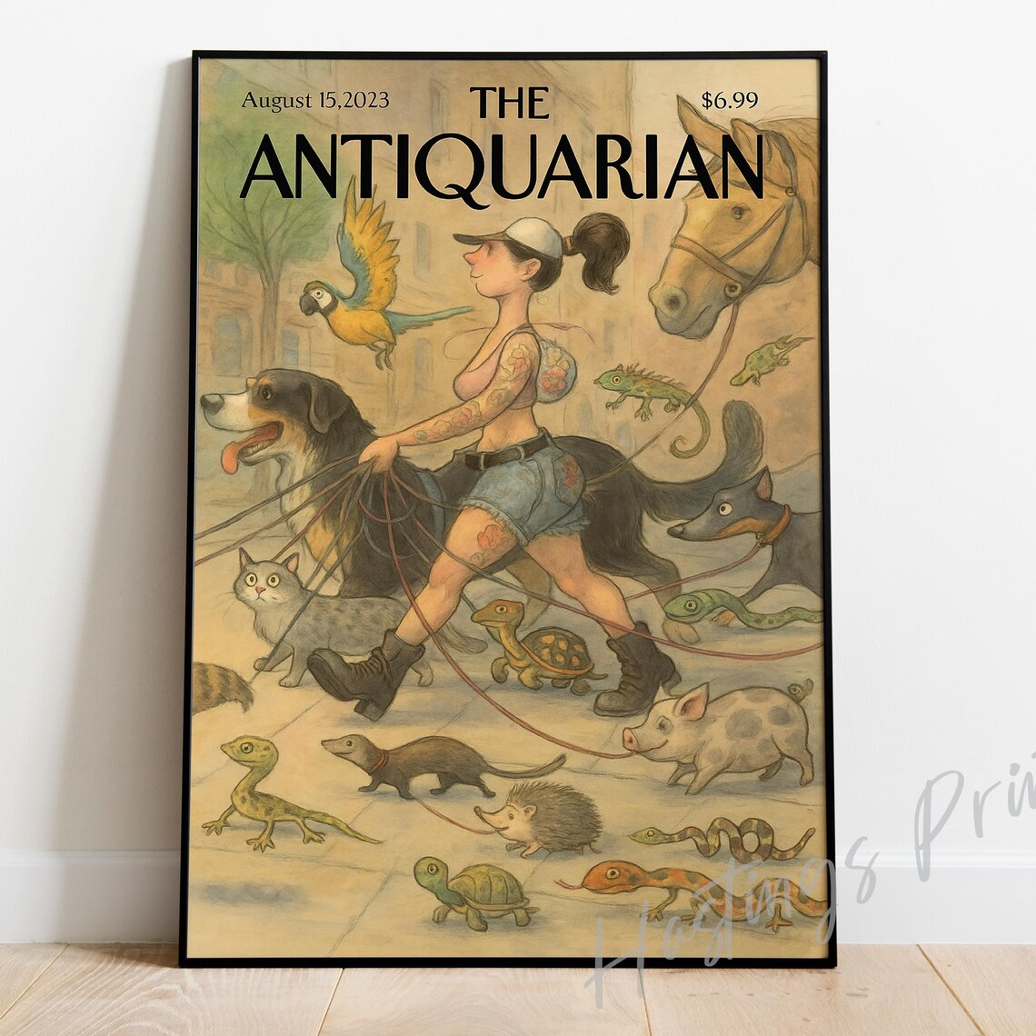 The Antiquarian Woman Walking Dogs and Animals Magazine Poster