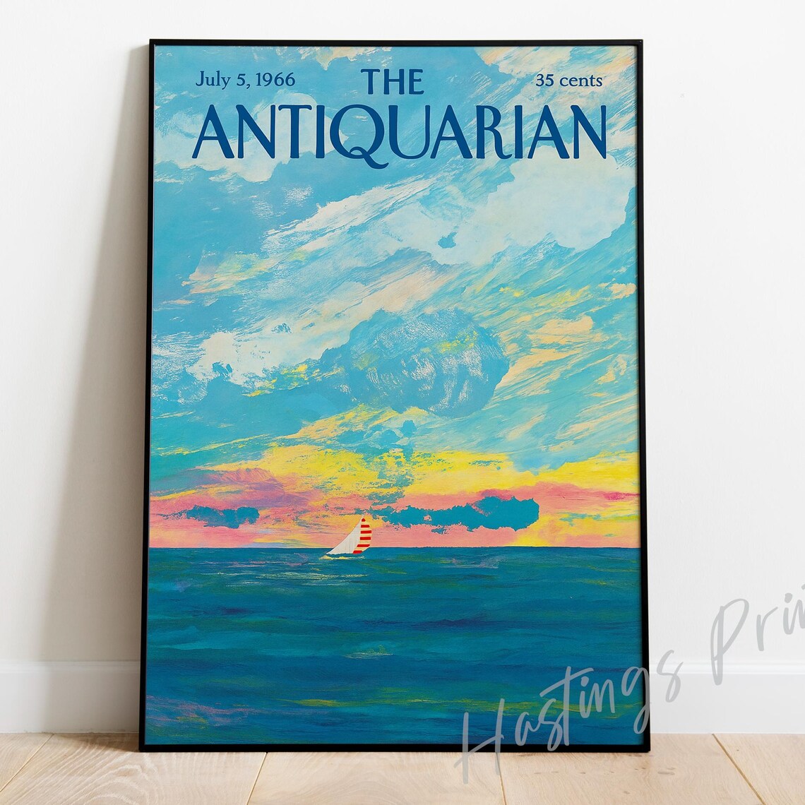 The Antiquarian 1966 Cover Sailboat Sunset Sea Colorful Clouds Print