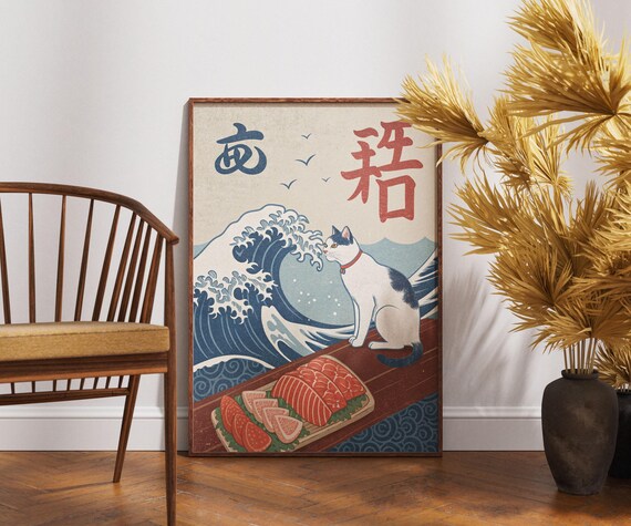 Sushi Wave Cat Great Wave Ocean Sashimi Japanese Retro Art Poster