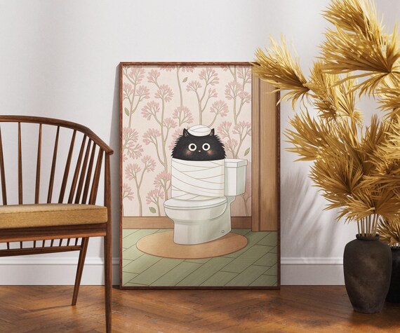 Funny Black Cat Toilet Paper Poster Cute Bathroom Humor Kawaii Art